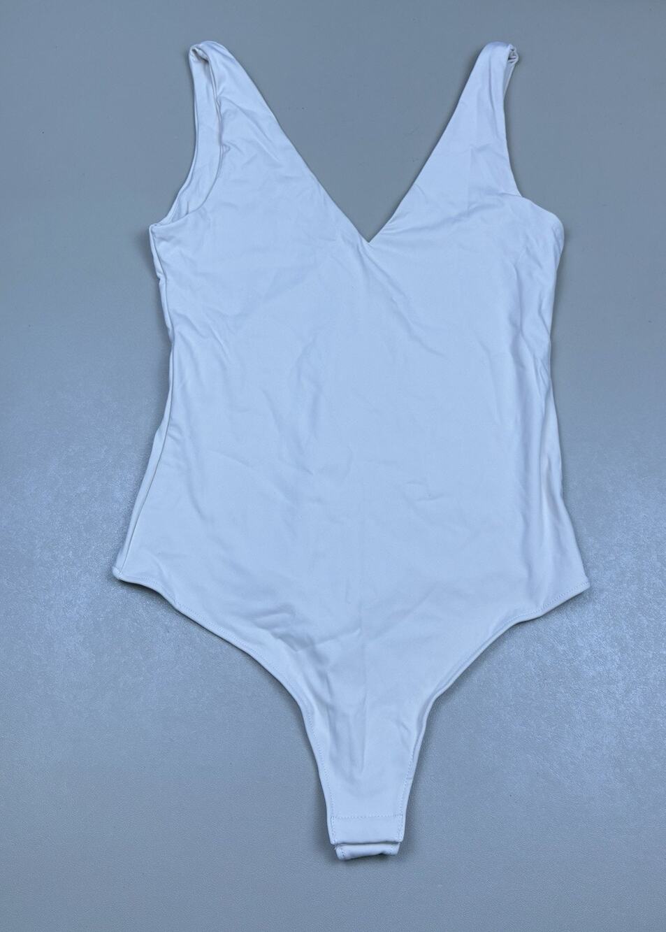 White One Piece Swimsuit V Neck High Cut Snap Bodysuit Size S NWOT
